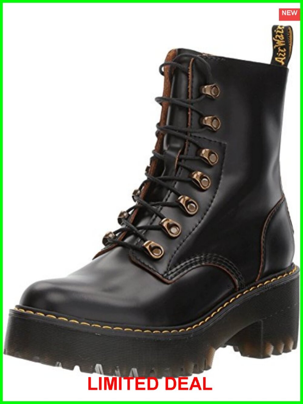 Dr. Martens Leona Leather Heeled Boot Combat Block Heel Ankle Bootie